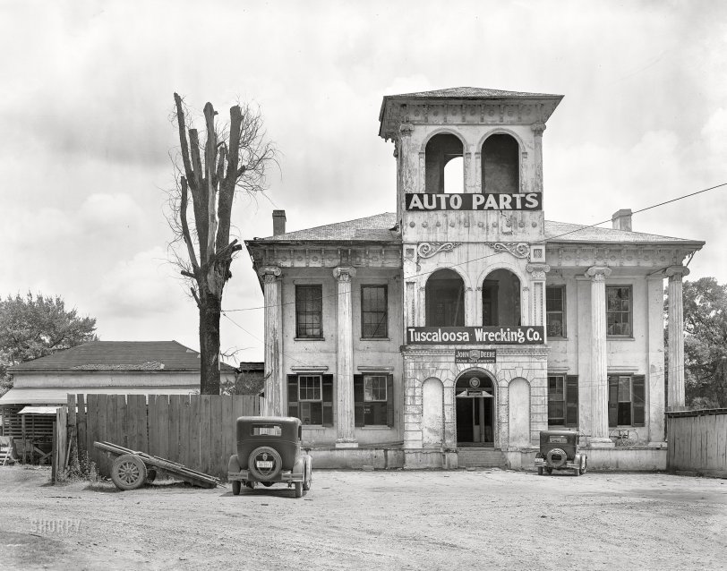 Alabama, 1936. "Antebellum residence converted into Tuscaloosa Wrecking Co. &amp; Auto Parts." 8x10 nitrate negative by Walker Evans for the Farm Security Administration. View full size.
