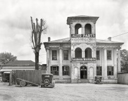 Alabama, 1936. "Antebellum residence converted into Tuscaloosa Wrecking Co. & Auto Parts." 8x10 nitrate negative by Walker Evans for the Farm Security Administration. View full size.