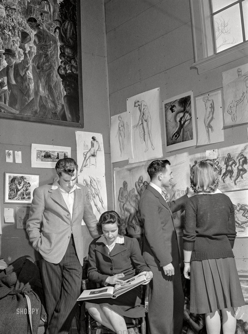 April 1942. "Madison, Wisconsin. Members of the University of Wisconsin's Blue Shield Country Life Club visiting the studio of John Steuart Curry, university artist-in-residence. One of the aims of the club is to bring about greater participation in cultural activities among farm people." Acetate negative by Jack Delano, U.S. Foreign Information Service. View full size.