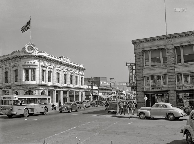 April 1942. "Portuguese-American communities in California. Main street in San Leandro." Estudillo Avenue at 14th Street. Acetate negative by Russell Lee for the Foreign Information Service of the U.S. Office of Coordinator of Information. View full size.