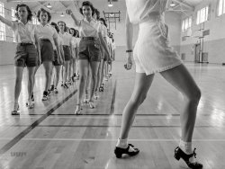 May 1942. Ames, Iowa. "Tap dancing class in the gymnasium at Iowa State College." Acetate negative by Jack Delano for the U.S. Office of the Coordinator of Information. View full size.