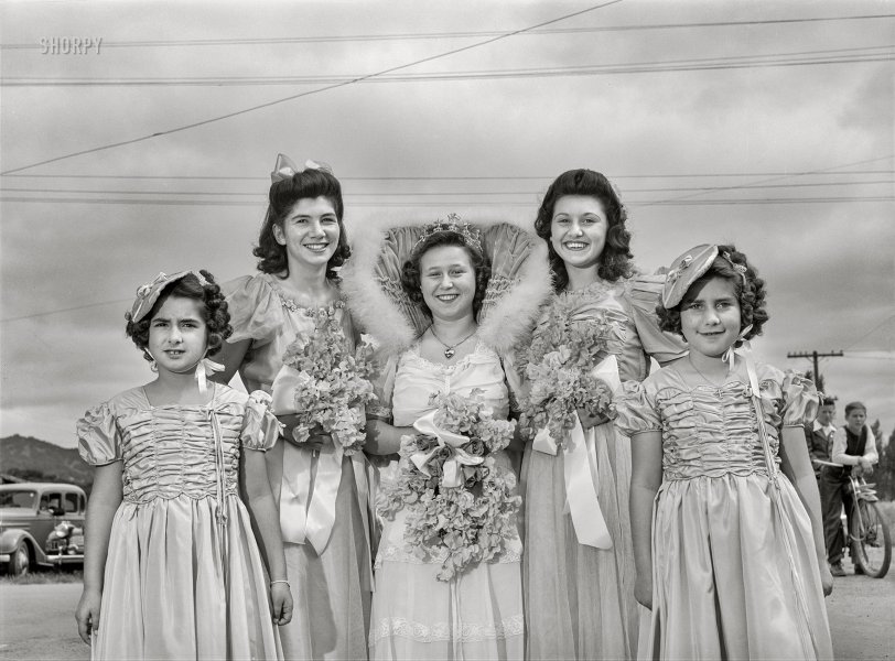 May 1942. "Portuguese-Americans in California. Irene Farias, who was queen of the Saint Jude Society of San Lorenzo, and her maids visit the Holy Ghost Festival at Novato. Miss Farias' mother was born in Portugal, her father in Honolulu." Photo by Russell Lee. View full size.
