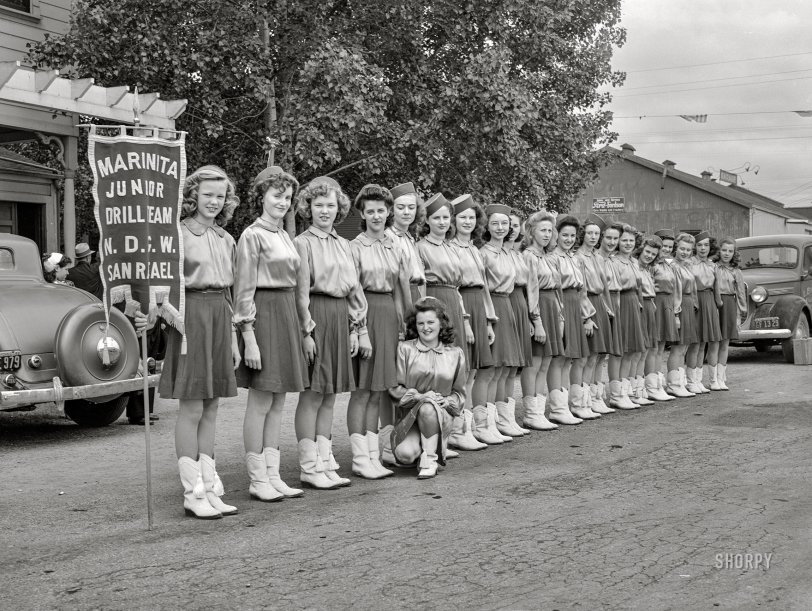 May 1942. "Novato, California. Drill team which participated in the parade at the Portuguese-American Festival of the Holy Ghost." Acetate negative by Russell Lee. View full size.
