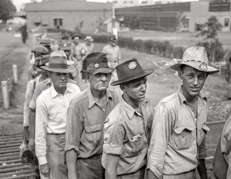 June 1942. "Wilson Dam, Alabama (Tennessee Valley Authority). Workers checking out at end of shift at a chemical engineering plant." Acetate negative by Arthur Rothstein. View full size. 