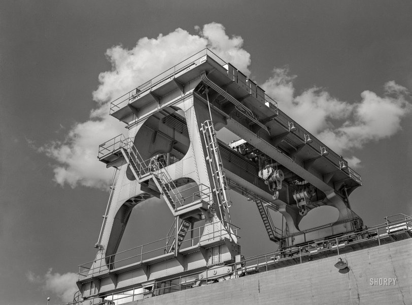 June 1942. "Wheeler Dam, Alabama (Tennessee Valley Authority). Gantry crane." Acetate negative by Arthur Rothstein for the U.S. Foreign Information Service. View full size.