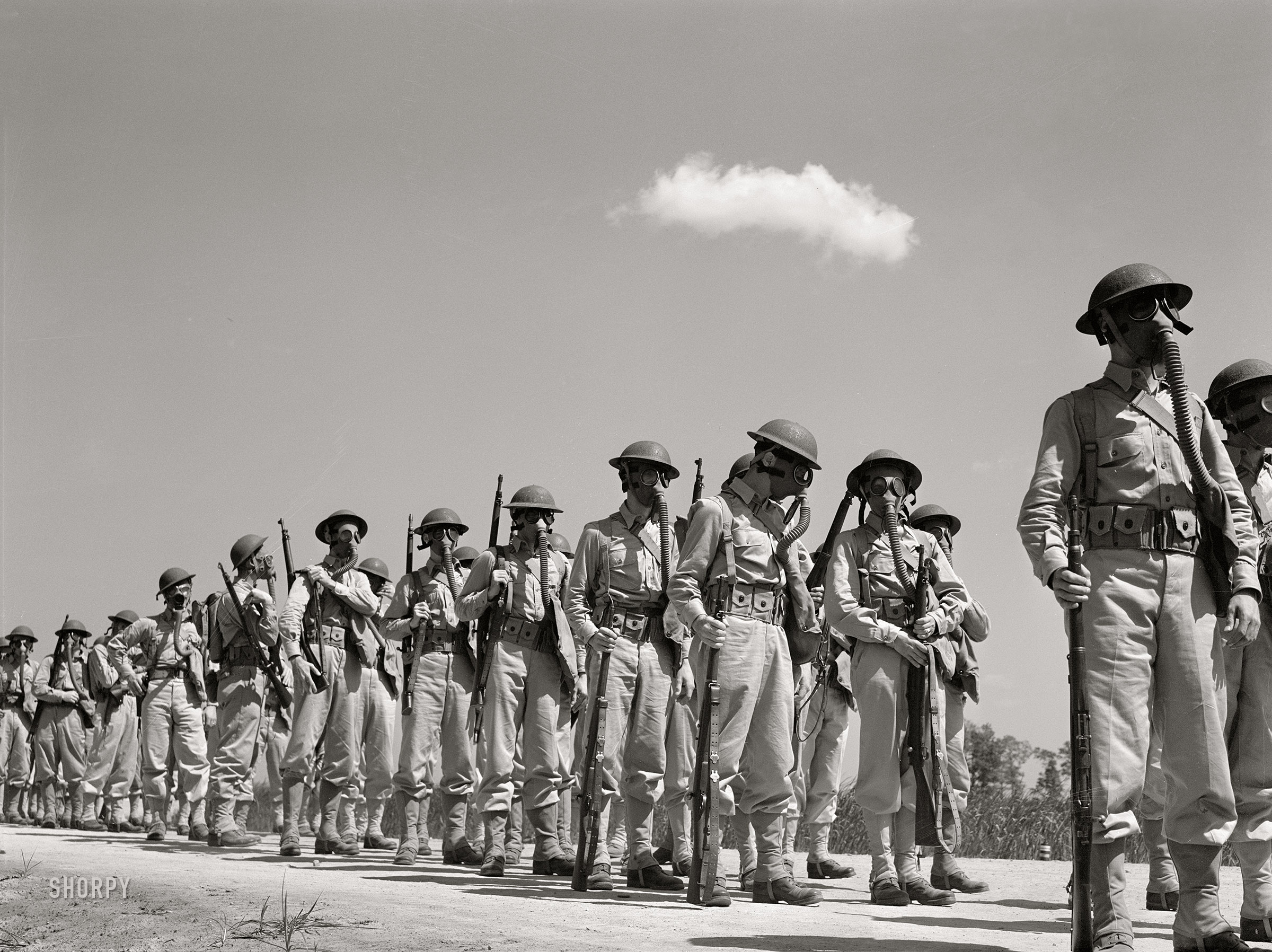 June 1942. "Edgewood Arsenal, Maryland. Gas demonstration. Soldiers wearing gas masks after having been sprayed with gas from a plane." Photo by Jack Delano for the Office of War Information. View full size.