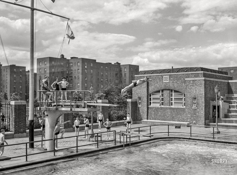 June 1942. "Brooklyn, New York. Red Hook housing development. Diving pool at the play center which is supervised by the city's Department of Parks. There are separate pools for swimming and diving. Charge is nine cents for children, twenty-five cents for adults." Acetate negative by Arthur Rothstein for the Office of War Information. View full size.