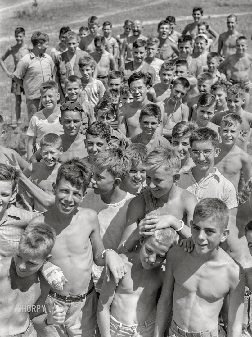 July 1942. "Florence, Alabama (vicinity). Boys in swimming class at Boy Scout camp." Acetate negative by Jack Delano for the U.S. Foreign Information Service. View full size.
