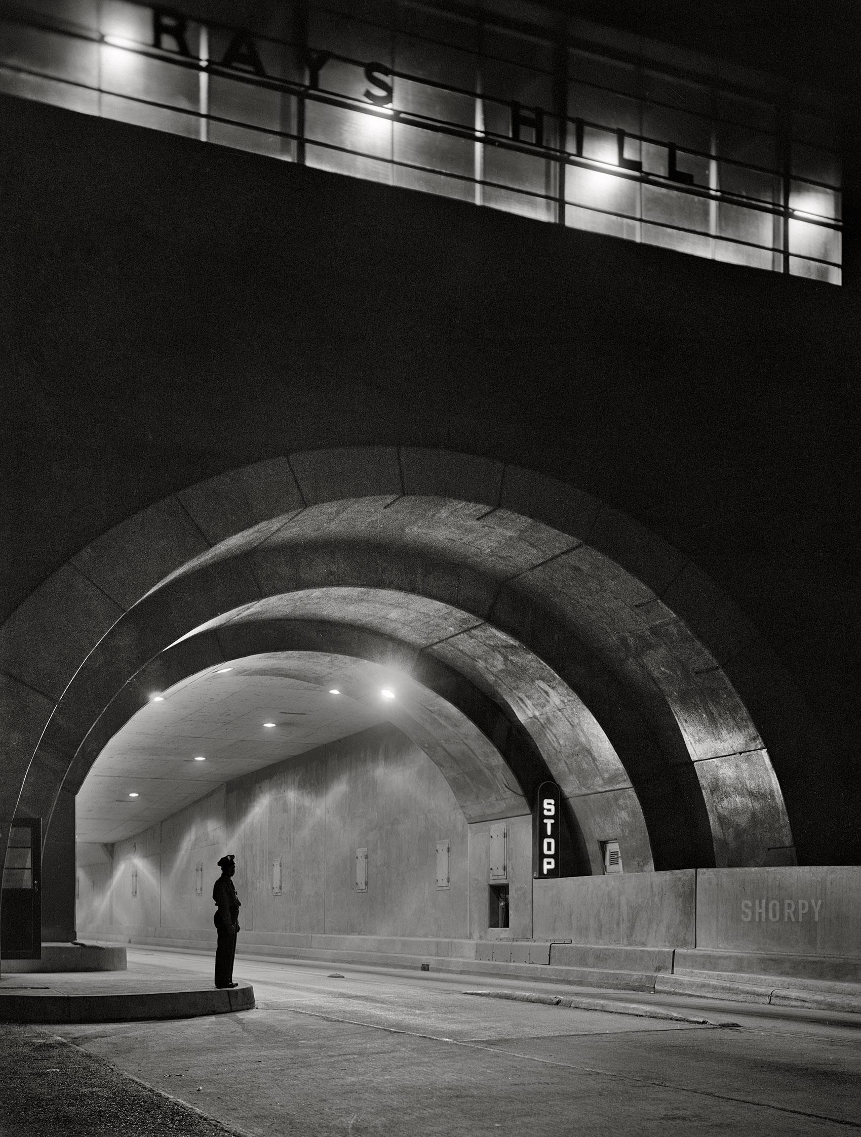 July 1942. "Pennsylvania Turnpike, Pennsylvania. Rays Hill Tunnel." Abandoned in 1968. Acetate negative by Arthur Rothstein for the Office of War Information. View full size.