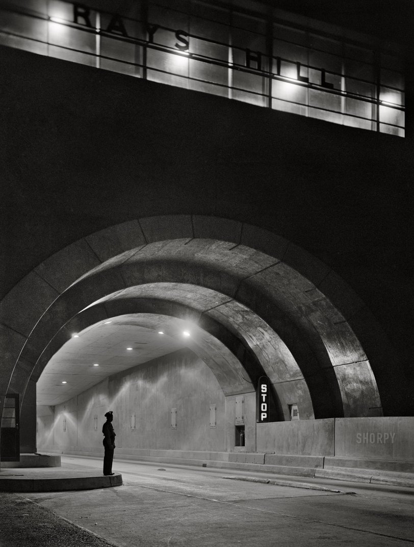 July 1942. "Pennsylvania Turnpike, Pennsylvania. Rays Hill Tunnel." Abandoned in 1968. Acetate negative by Arthur Rothstein for the Office of War Information. View full size.