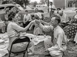 July 1942. "Hayti, Missouri. Breaking a wishbone at the Cotton Carnival picnic." Acetate negative by Arthur Rothstein for the Office of War Information. View full size.
