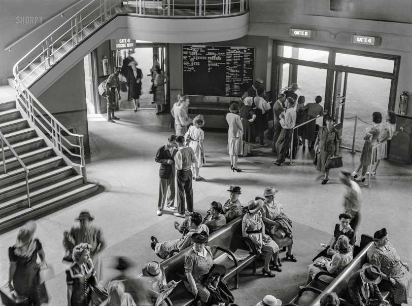 August 1942. "Detroit, Michigan. Waiting room at Greyhound bus depot." Medium format acetate negative by John Vachon for the U.S. Foreign Information Service. View full size.