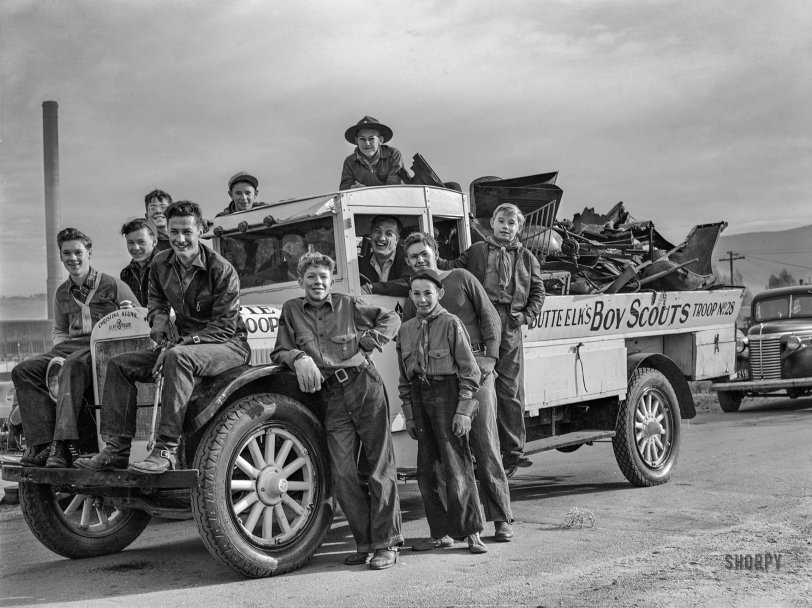 October 1942. "Butte, Montana. Boy Scouts with a truckload of scrap during the salvage campaign." Acetate negative by Russell Lee for the Office of War Information. View full size.
