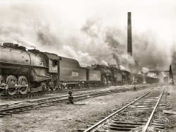 November 1942. "Chicago, Illinois. Locomotives in the Illinois Central railyard." Medium format acetate negative by Jack Delano for the Office of War Information. View full size.