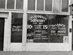 November 1942. "Oklahoma City, Oklahoma. Cot house." The California Dormitory, offering not just "clean cots," but checkers and dominoes. Acetate negative by John Vachon. View full size.