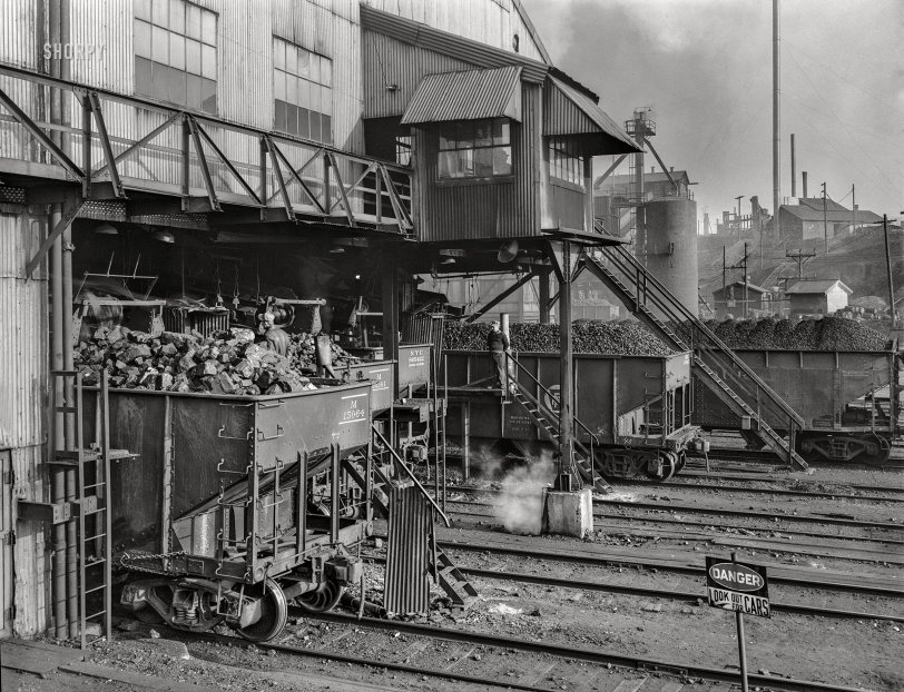 November 1942. "Pittsburgh, Pennsylvania (vicinity). Champion No. 1 coal cleaning plant. Loading cars with clean coal." Photo by John Collier, Office of War Information. View full size.
