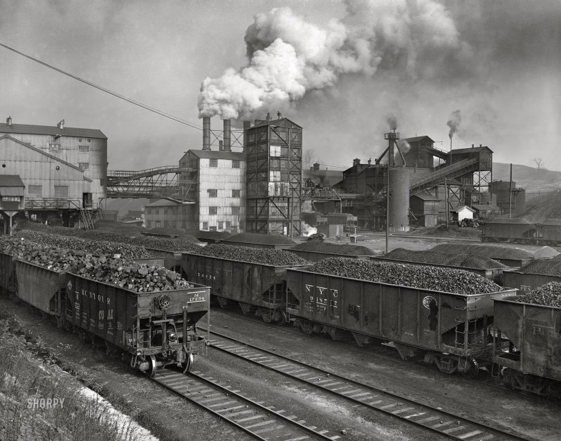 November 1942. "Pittsburgh, Pennsylvania (vicinity). Champion No. 1 cleaning plant. Loaded coal cars ready for market." Photo by John Collier, Office of War Information. View full size.
