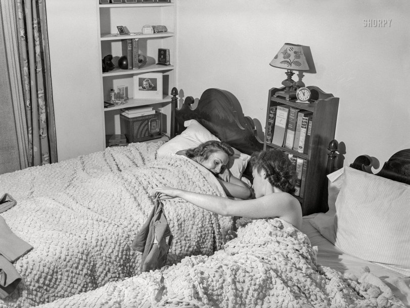 Here we have the latest installment in a curious series of photos taken by Arthur Siegel in Detroit in the summer of 1941, with the Library of Congress filing annotation "Killed" (not to be used). Their card game over, these girls seem to be settling in for the night. View full size.