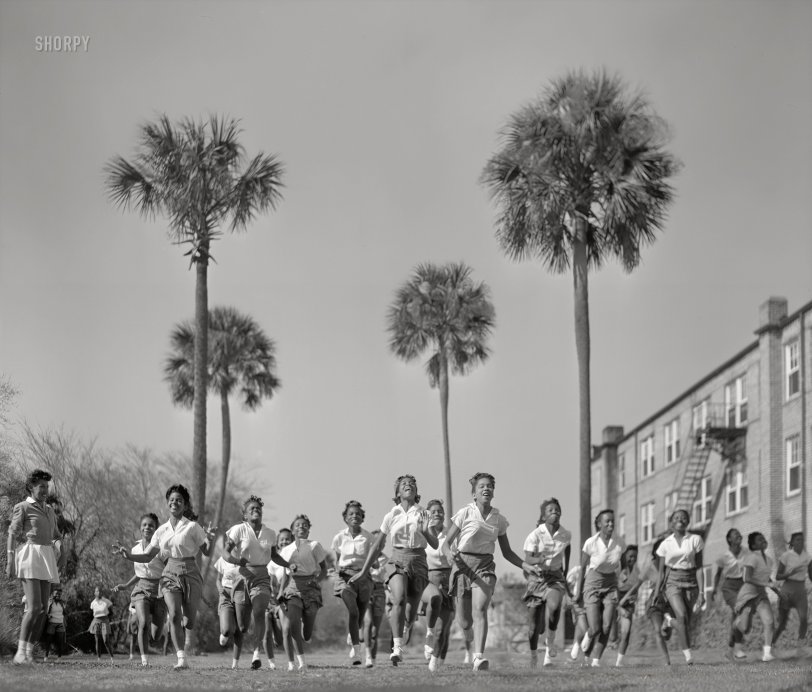 February 1943. "Daytona Beach, Florida. Bethune-Cookman College. Physical education class." 4x5 inch acetate negative by Gordon Parks for the Office of War Information. View full size.
