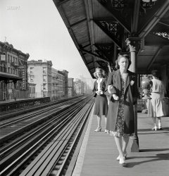 September 1942. "New York, New York. Waiting for the Third Avenue elevated railway at East 89th Street about 8:45 a.m." Medium format nitrate negative by Marjory Collins for the Office of War Information. View full size.