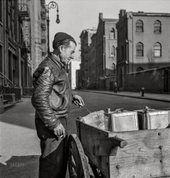 January 1943. "Italian-Americans on Lower East Side of Manhattan. Ice vendor on Mulberry Street." Nitrate negative by Marjory Collins for the Office of War Information. View full size.
