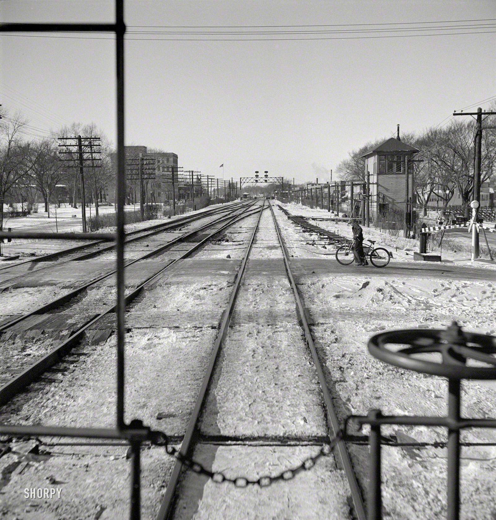 January 1943. "Freight train operations on the Chicago and North Western Railroad between Chicago and Clinton, Iowa. The train rushing through the town of Cortland Elmhurst, Illinois, on its way to Iowa." Medium-format negative by Jack Delano for the Office of War Information. View full size.