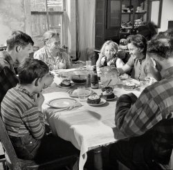 February 1943. "Moreno Valley, Colfax County, New Mexico. Dinnertime on George Mutz's ranch." Our fourth visit with various members of the Mutz family. Photo by John Collier for the Office of War Information. View full size.