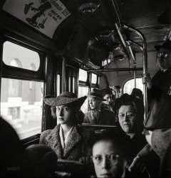 &nbsp; &nbsp; &nbsp; &nbsp; The shutter clicked as she fingered the cold steel of the pistol in her purse. "No one suspects," she muttered under her breath, fixing her gaze on the Nazi spy at the front of the coach ...
April 1943. "Baltimore, Maryland. Crowded bus carrying people to work at 8 a.m." Photo by Marjory Collins for the Office of War Information. View full size.