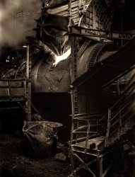 November 1942. Garfield, Utah. "Loading a copper converter at the Garfield smelter of the American Smelting and Refining Company." Medium format nitrate negative by Andreas Feininger for the Office of War Information. View full size.