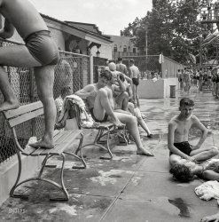 July 1943. Montgomery County, Maryland. "Bathers on the side of the pool at the Glen Echo amusement park." Where the boys are. Medium format acetate negative by Esther Bubley for the Office of War Information. View full size.