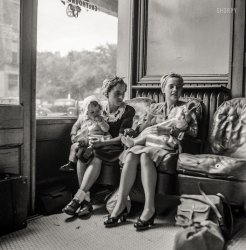 September 1943. "Washington Court House, Ohio. Mothers with their babies waiting at the Greyhound bus depot." Medium format nitrate negative by Esther Bubley for the Office of War Information. View full size.