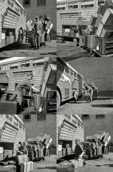 September 1943. Cincinnati, Ohio. "Loading baggage on a Greyhound bus at the bus terminal." Medium-format nitrate negatives by Esther "Burst Mode" Bubley for the Office of War Information. View full size.