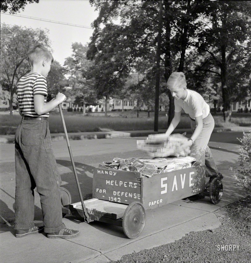May 1942. Southington, Connecticut. "Boys collecting paper and metal for scrap drive." Photo by Fenno Jacobs for the Office of War Information. View full size.
