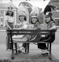 May 1942. "Southington, Connecticut. An American town and its way of life. Southington girls, members of the youth drum corps." Medium format negative by Fenno Jacobs for the Office of War Information. View full size.