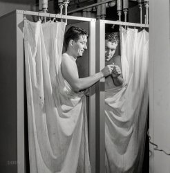 December 1943. "Without engaging a hotel room, traveling servicemen may take a shower, shave, and wash and iron clothes at the United Nations service center." Another entry in Esther Bubley's curiously comprehensive series of photos for the Office of War Information, documenting shower facilities for enlisted men in wartime Washington, D.C. View full size.