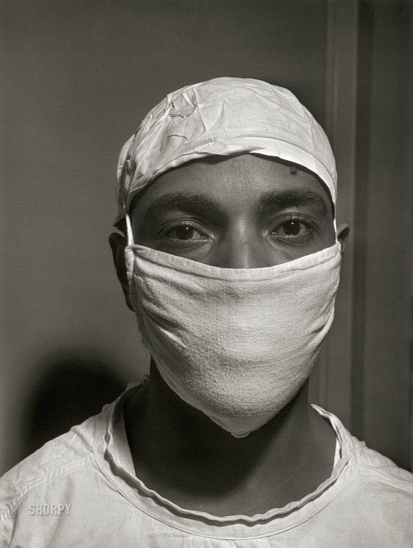 March 1942. "Chicago, Illinois. Provident Hospital. Dr. S.J. Jackson, intern, ready to assist in an operation." Acetate negative by Jack Delano for the Office of War Information. View full size.
