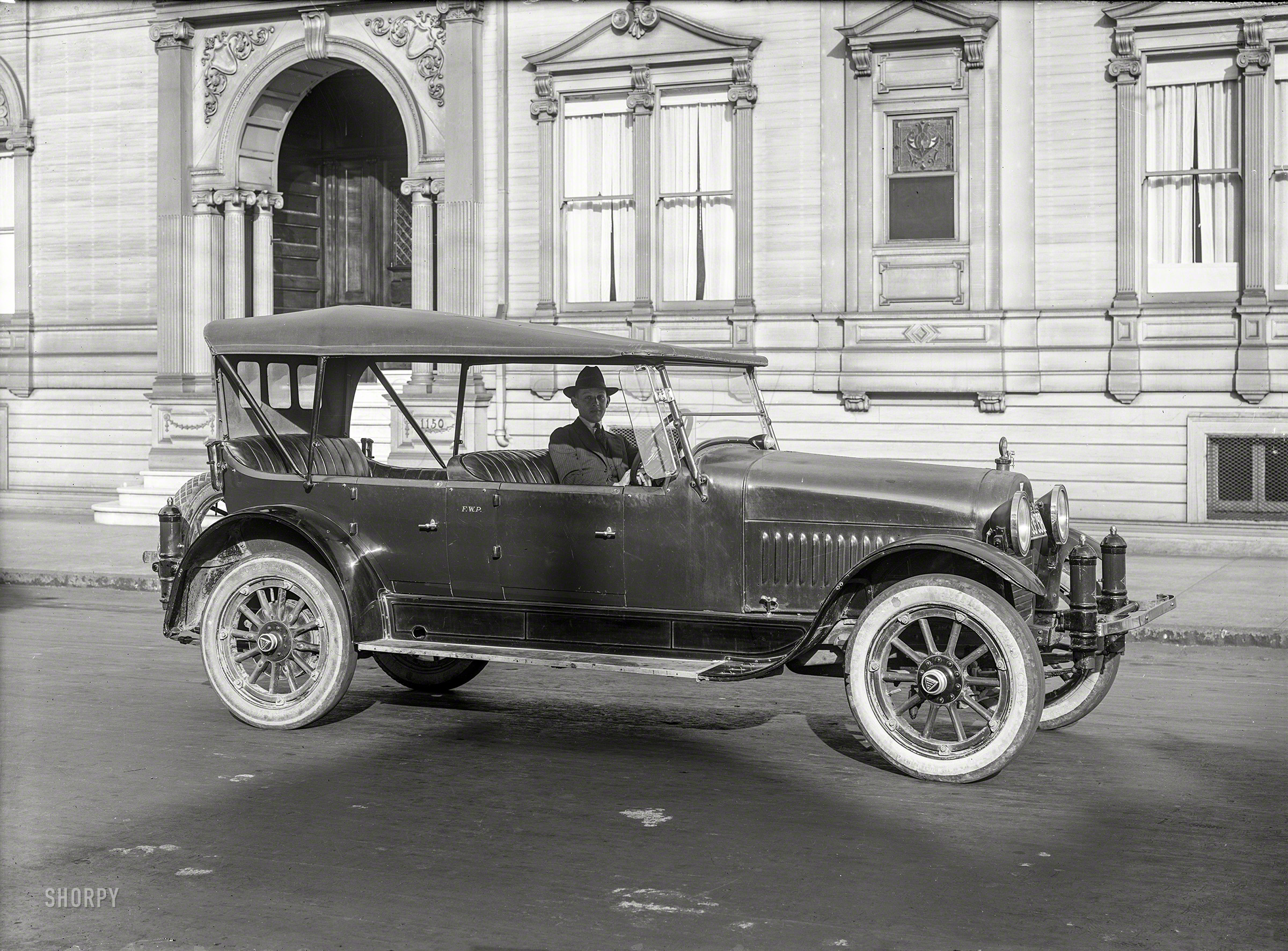 "San Francisco, 1920. Hudson touring car." Owned by F.W.P., idling in front of the imposing edifice at 1150 Anonymous Avenue. 5x7 glass negative. View full size.