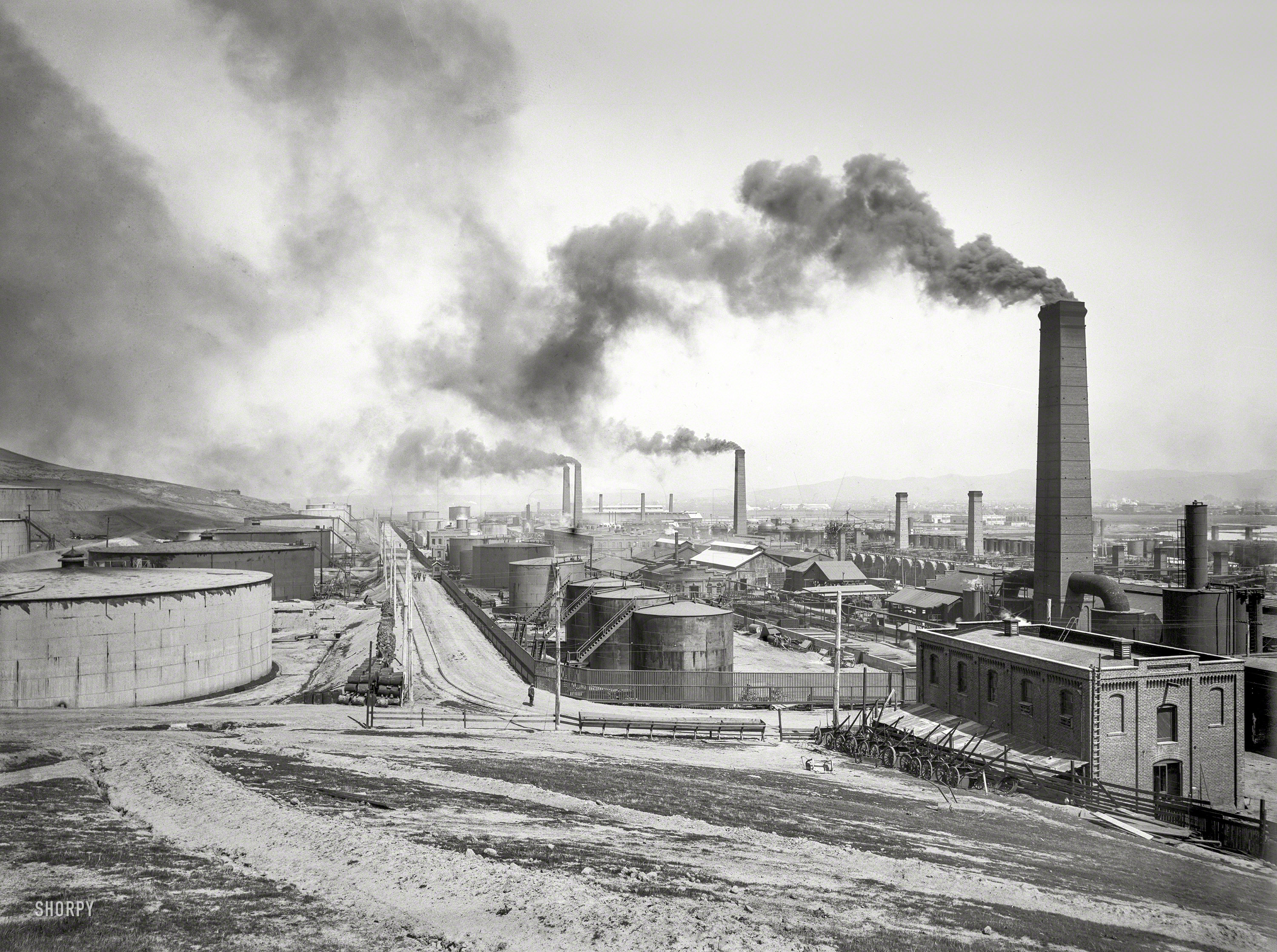Contra Costa County, California, circa 1910. "Standard Oil works, Richmond, looking east." The refinery, described as "colossal" when it opened in 1902, is still in operation, under the Chevron name. 8x6 inch glass negative. View full size.