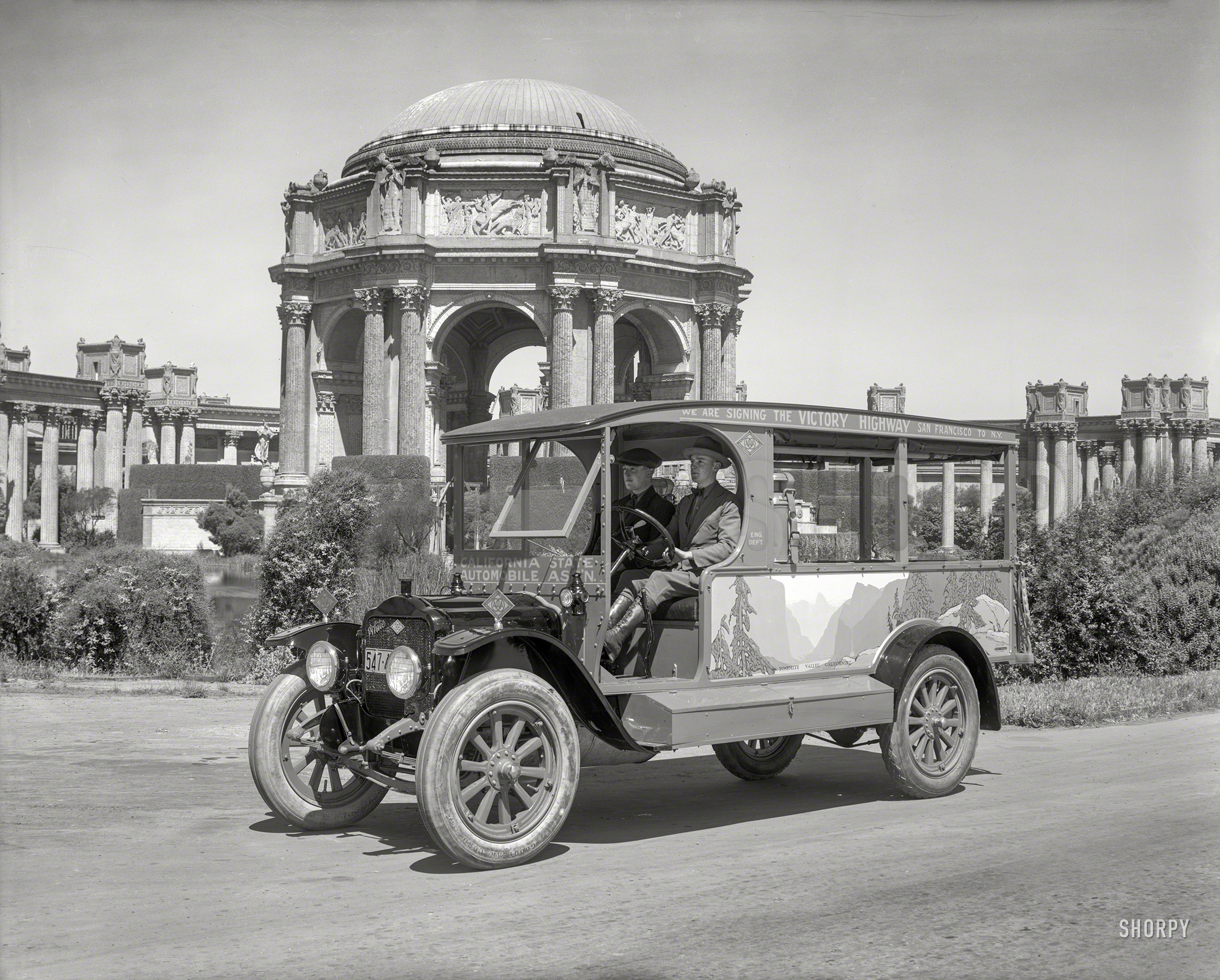 &nbsp; &nbsp; &nbsp; &nbsp; "We are signing the Victory Highway, San Francisco to N.Y."
San Francisco circa 1921. "White motor truck at Palace of Fine Arts -- California State Automobile Association." A project from the early days of long-distance motor travel, when auto clubs took the lead in establishing and marking routes between cities and across the country. 8x10 inch glass negative, formerly of the Wyland Stanley and Marilyn Blaisdell collections. View full size.