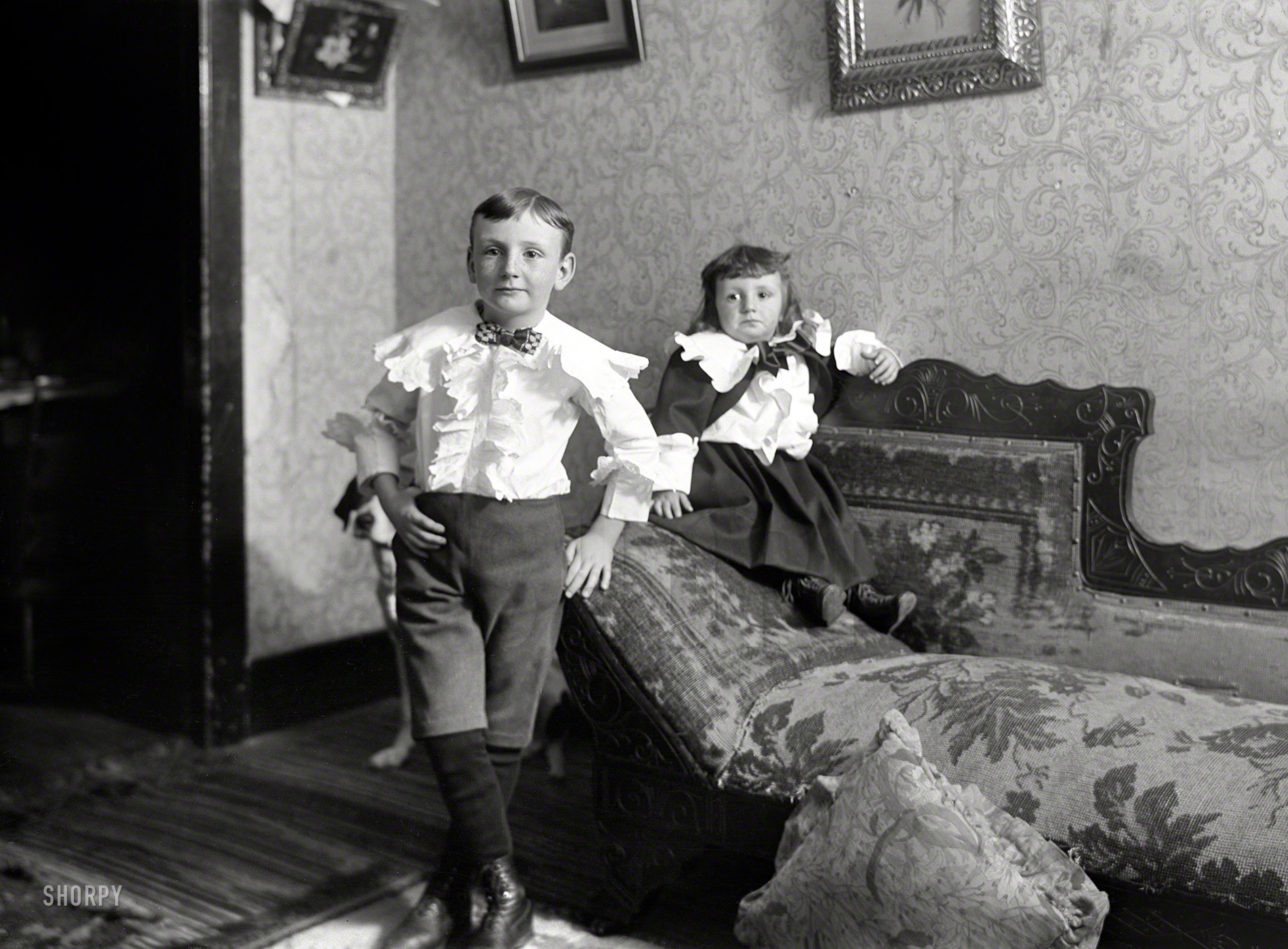 Somewhere in New England circa 1900. "Children at home." Where some get the comfy couch, and others a dark corner. 5x8 inch glass negative. View full size.