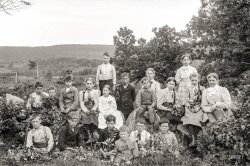 From somewhere in New England circa 1900, it's the group of serious-looking students last seen here, somewhat rearranged and more closely integrated with the greenery. 5x8 inch dry plate glass negative.View full size.