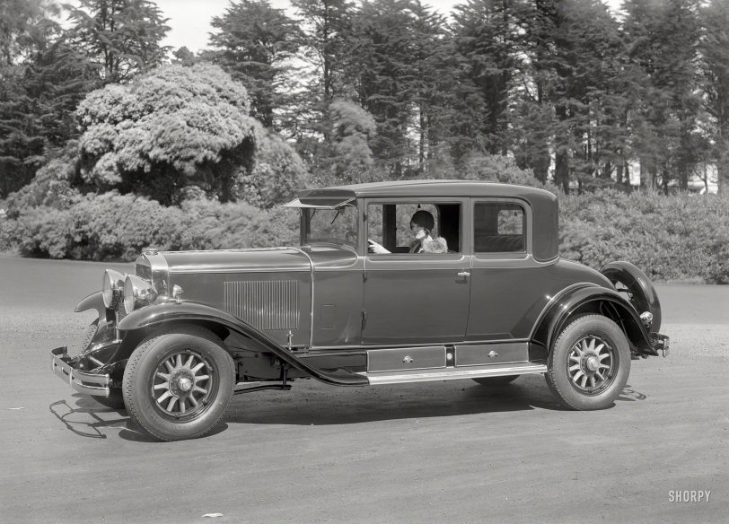 San Francisco circa 1928. "Cadillac five-passenger coupe at Golden Gate Park." 5x7 inch glass negative by Christopher Helin. View full size.