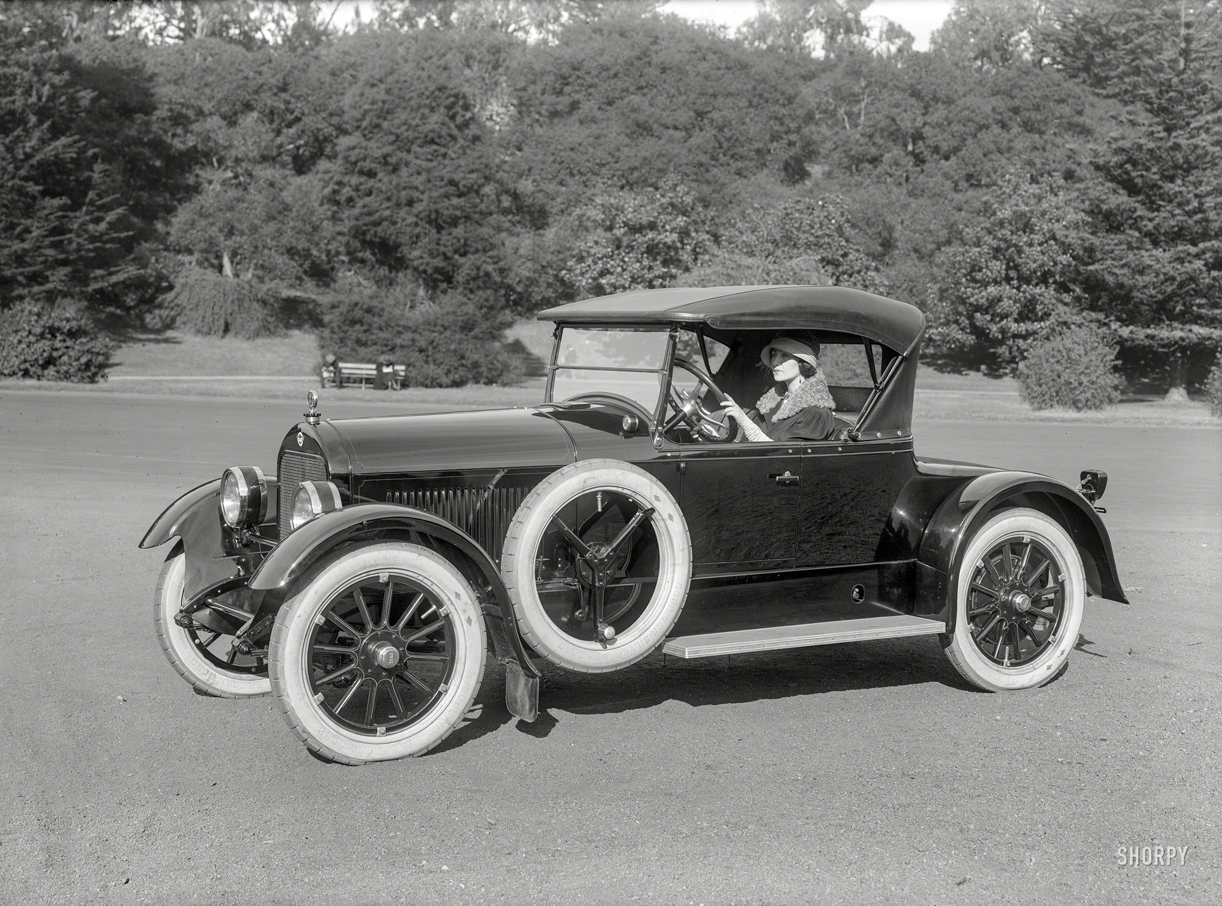 San Francisco circa 1923. "Stutz roadster at Golden Gate Park." Piloted by the lady last seen here. 5x7 glass negative by Christopher Helin. View full size.