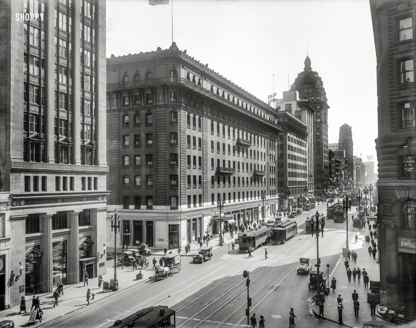 "Market Street, San Francisco, 1920." Starring the Palace Hotel and, rising behind, the Call Building. 8x10 glass negative. photographer unknown. View full size.
