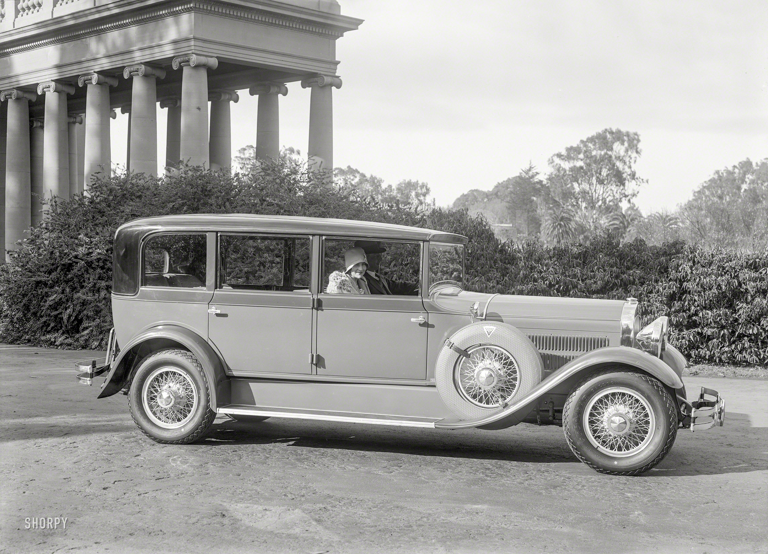 San Francisco, 1928. "Hudson Super Six with Biddle & Smart body at Golden Gate Park Music Stand." Also known as the Spreckels Temple of Music. 5x7 glass negative by Christopher Helin. View full size.