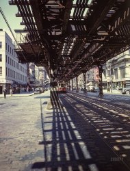July 1944. New York. "Under the Third Avenue IRT elevated train line, looking north at East 58th Street." Color transparency by Andreas Feininger for Life magazine. View full size.