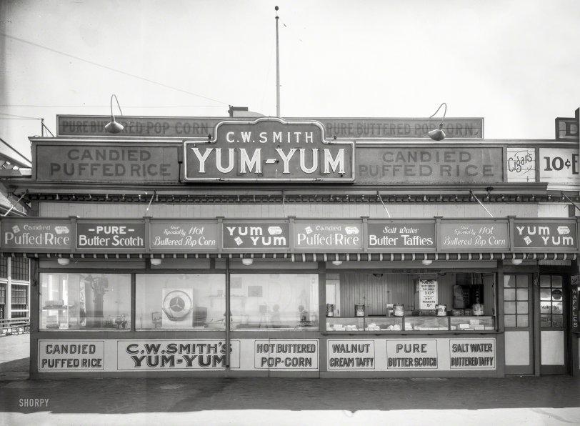 San Francisco circa 1930s. "C.W. Smith's Yum-Yum candy concession along the Great Highway at Playland-at-the-Beach." 8x10 nitrate negative attributed to George or Leo Whitney. From the Marilyn Blaisdell Collection. View full size.

