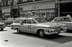 New York, 1961. "Mayoral campaign car with loudspeakers." Our second scary-looking Plymouth in as many days. State Attorney General Louis Lefkowitz, the Republican mayoral nominee, lost to Robert Wagner, the Democratic incumbent. 35mm negative, photographer unknown. View full size.