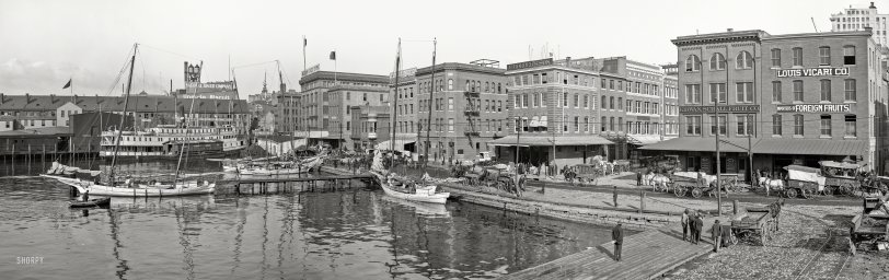 Circa 1905. "The Basin -- Baltimore, Maryland." Panorama made from three 8x10 inch glass negatives. Detroit Publishing Company. View full size.
