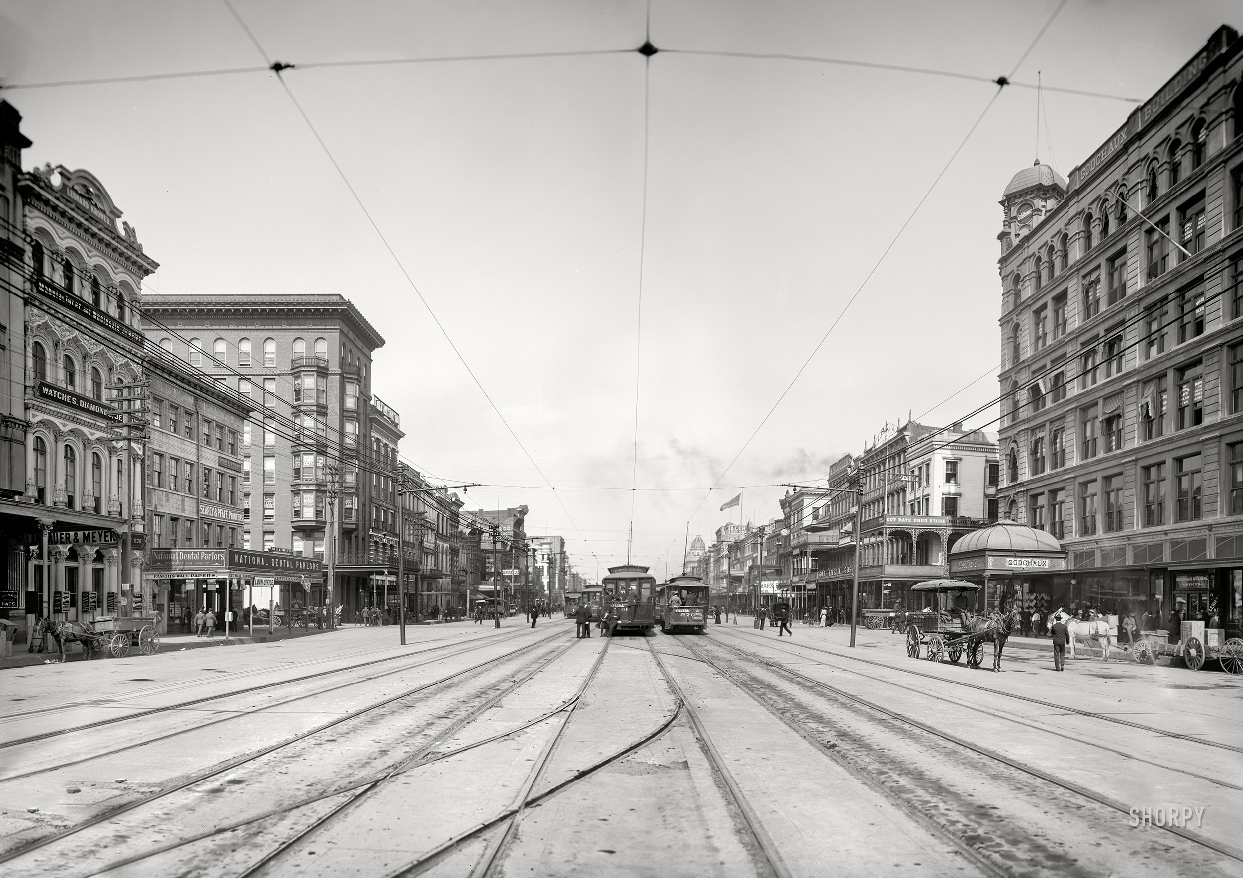 New Orleans circa 1907. "Canal Street." Center stage: A Streetcar Named Prytania. Composite image made from two 8x10 inch glass negatives. View full size.